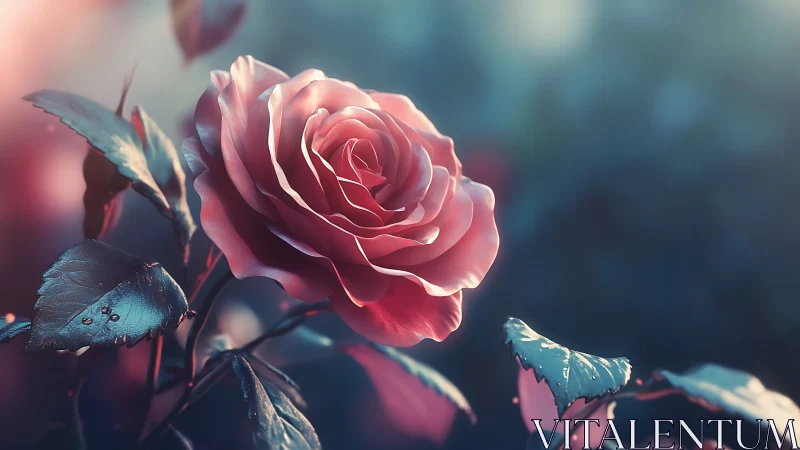 Pink Rose with Blue Foliage in Selective Focus Composition
