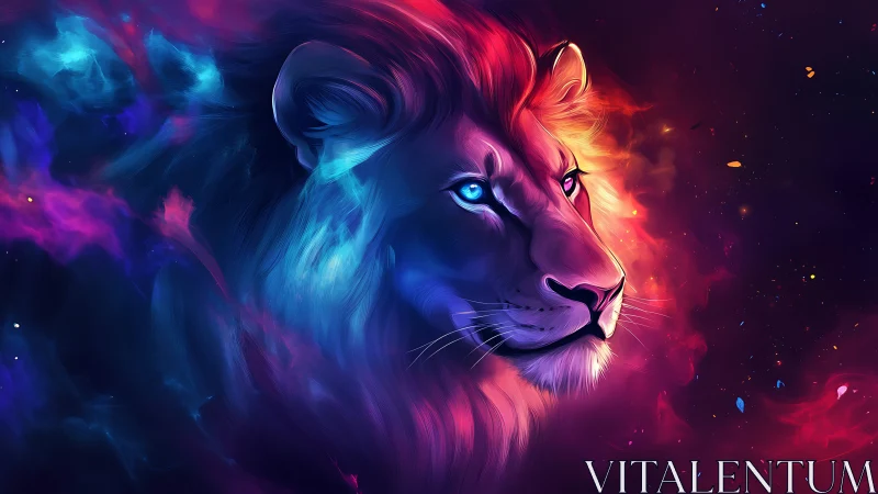 Cosmic lion profile glows in neon bicolor starlit haze.