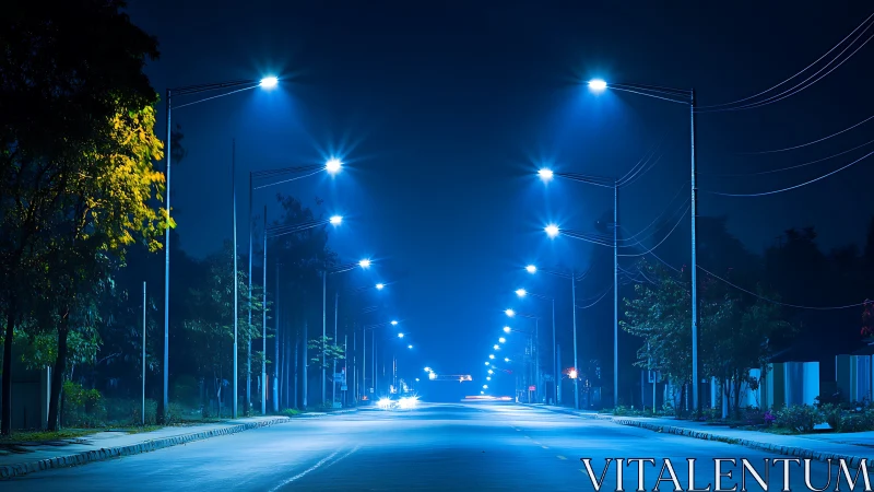 Empty blue lit city street at night with tall streetlights.