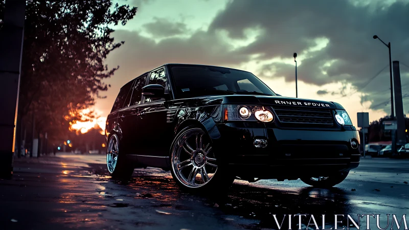 Black luxury SUV stands on wet city street at dusk