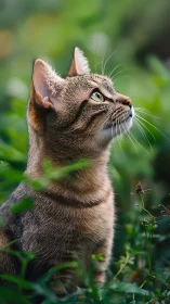 Tabby Cat Portrait with Upward Gaze: Sharp Focus on Facial Geometry and Whisker Definition