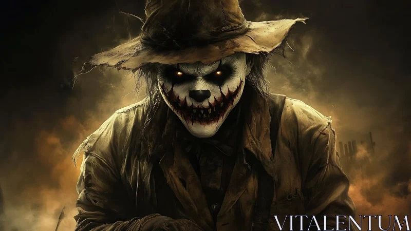 Sinister scarecrow clown emerges from a smoky nightmare.