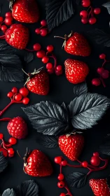 Strawberries and red berries on dark foliage background.