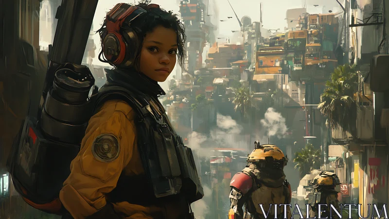 Young scout in a sunlit sci fi city of rust and promise.