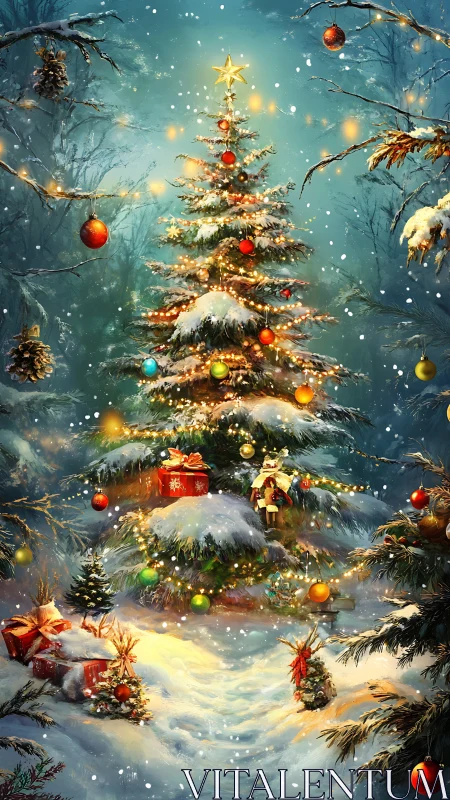 Illuminated snow-laden fir with ornaments and twilight bokeh.