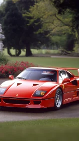 Ferrari F40 supercar parked on manicured garden drive.