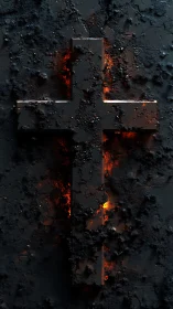 Charred cross shape with internal orange glow on black field.