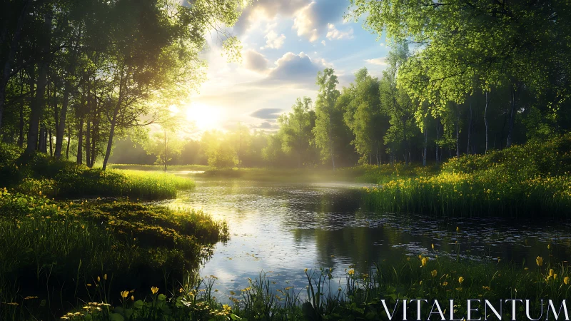 Sunlit forest pond with mist and luminous reflections.