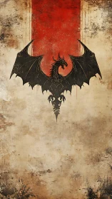 Heraldic black dragon silhouette dominates grunge banner ground