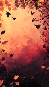 Autumn foliage border with birds in warm orange gradient.