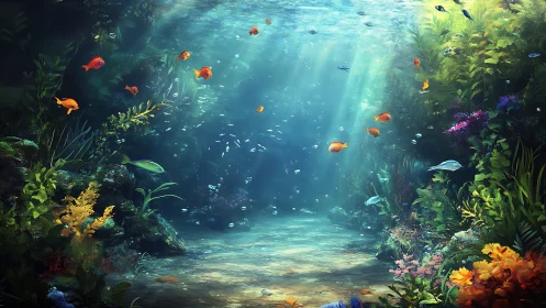 Sunlit coral ballroom where tiny orange fish drift slowly.