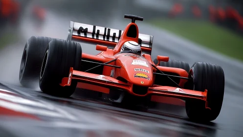 Red Formula race car powers through wet track in motion