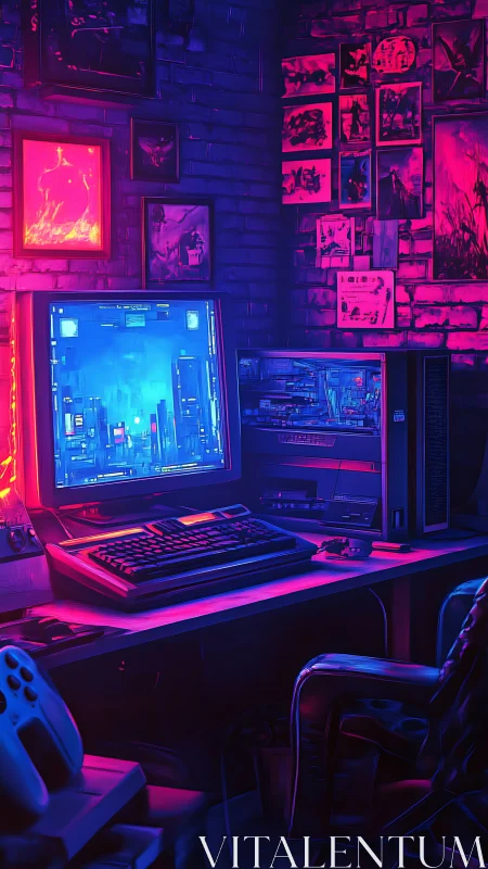 Neon hacker’s shrine of retro screens and electric midnight dreams.