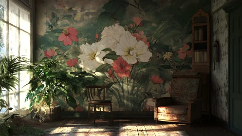 Sunlit vintage room with large floral mural and armchair.