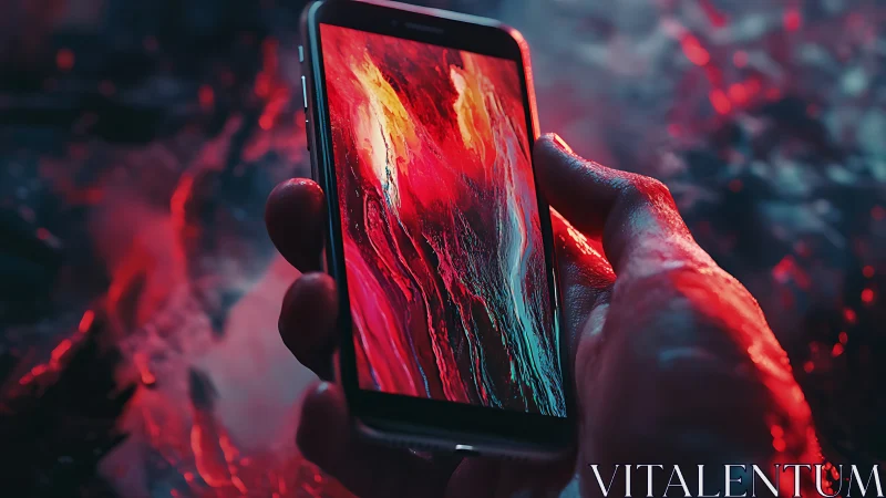 Smartphone in wet hand with abstract red screen display.
