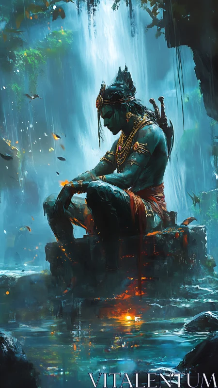 Mythic warrior statue in bioluminescent waterfall grotto