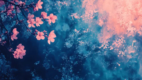 Coral Blossoms on Teal Grunge Background.