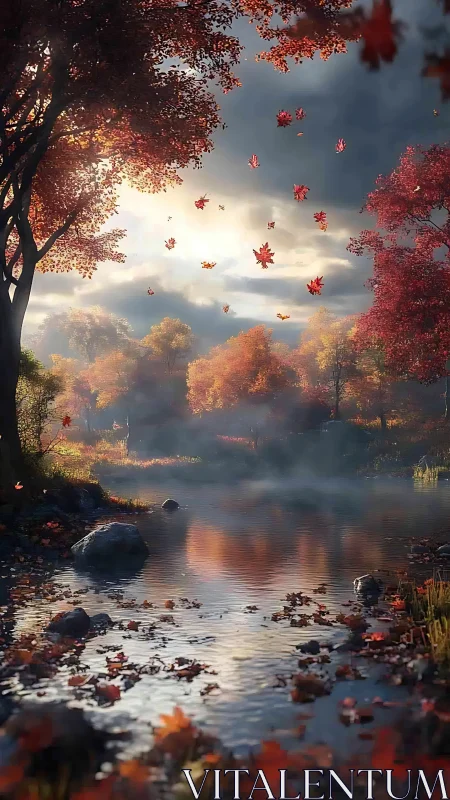 Autumn river landscape with falling leaves and soft light.