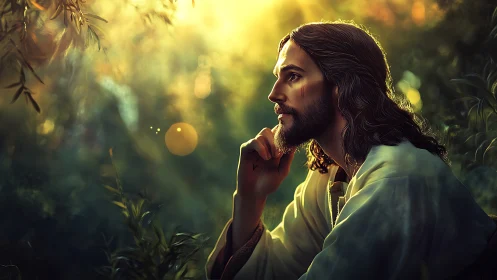 Side-profile figure in robe sits in foliage under backlit sun