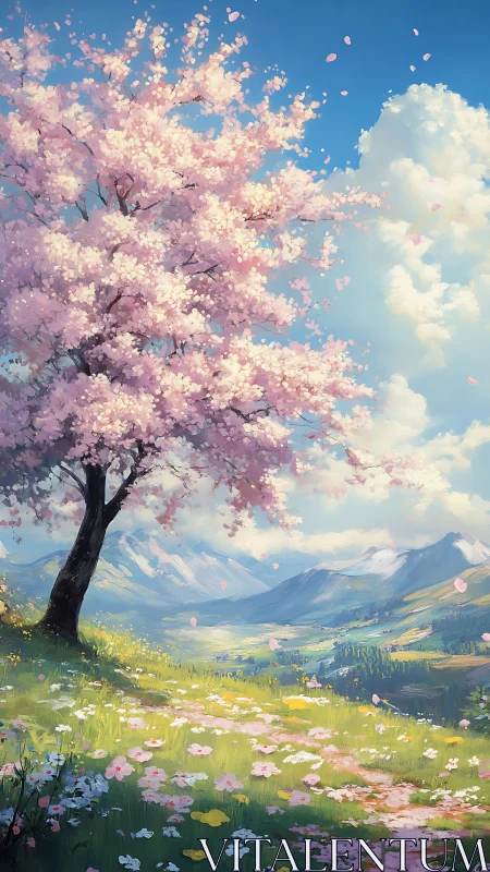 Cherry blossom tree above alpine valley in springtime.