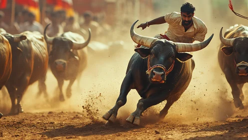 Bull racing scene with rider in dusty rural arena.