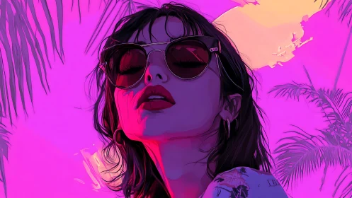 Neon-lit woman in sunglasses under stylized tropical palms