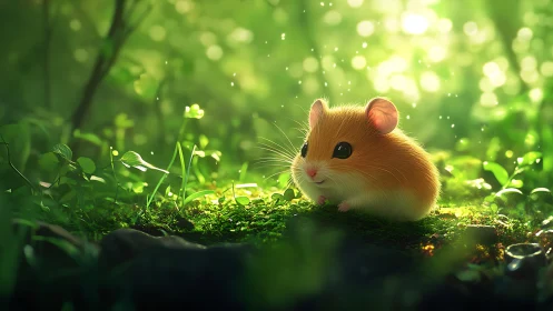 Small rodent on mossy forest floor in soft backlight.