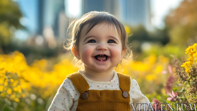Toddler laughing in sunlit wildflower meadow with urban skyline backdrop