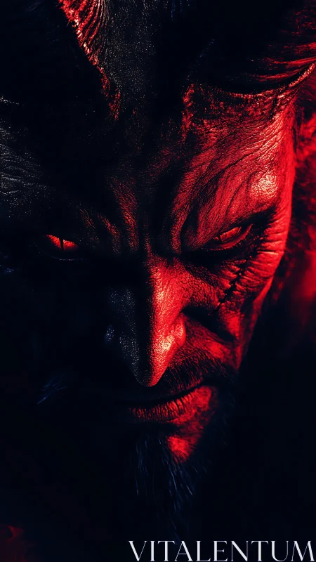 Demonic portrait burns through darkness with crimson glare.