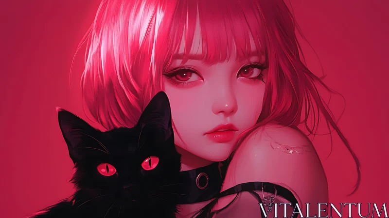 Crimson-eyed girl and midnight cat in neon blush glow.