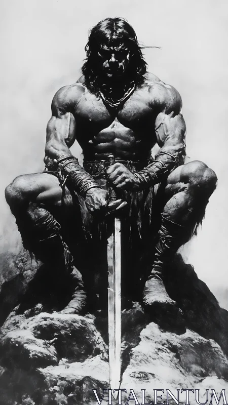 Barbarian warrior broods in shadow with sword grounded.