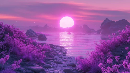 Spectral magenta shoreline under hyper-luminous digital sunset.