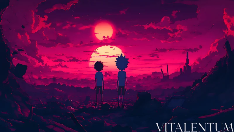 Two quiet travelers watching twin suns over a neon wasteland.