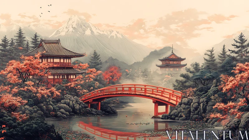 Red arched bridge spans river between two Japanese temples