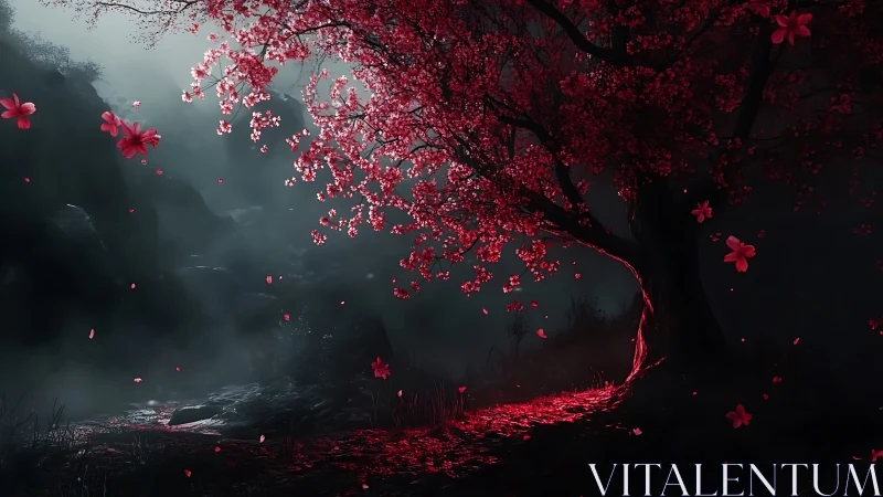 Crimson blossoms carve a glowing path through moonlit mist