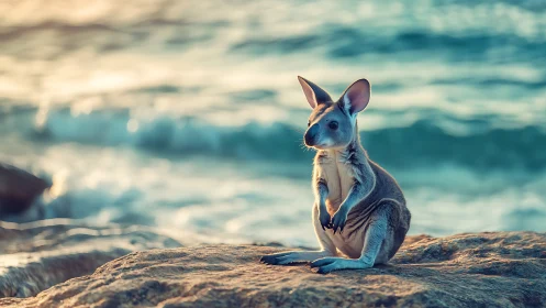 Juvenile kangaroo on sunlit coastal rocks at golden hour.