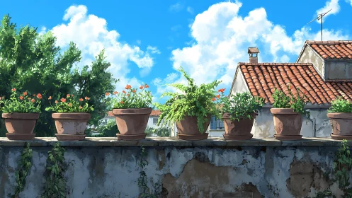 Sunlit rooftop garden pots under a bright summer sky.