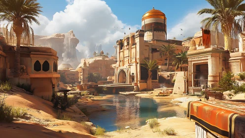 Sunlit desert oasis city with layered sandstone architecture and canal