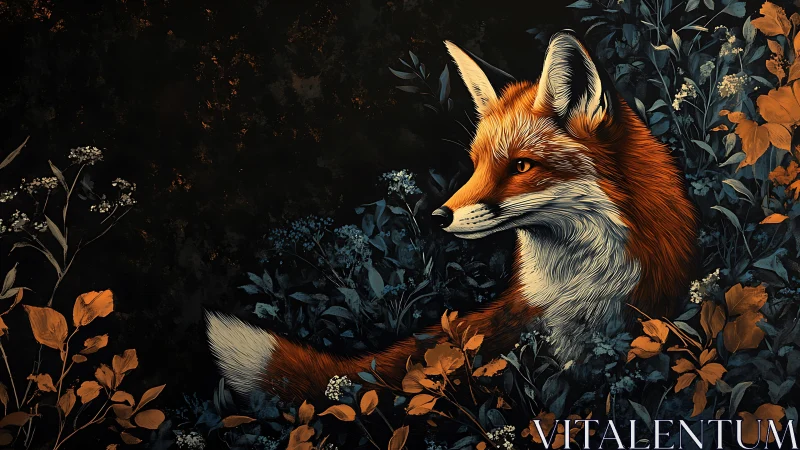 Luminous red fox rendered amid duotone botanical foliage.