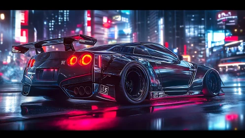 Cyberpunk street racer under neon city reflections.