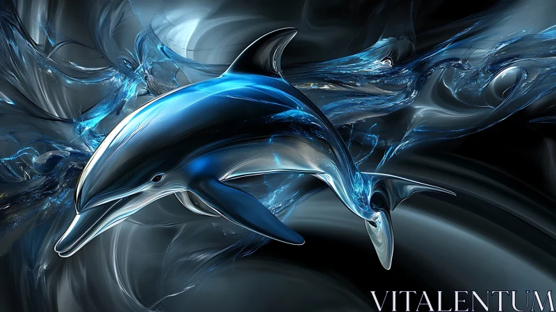 Chromed dolphins glide through abstract liquid cosmos.