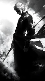 Monochrome anime swordsman in high-contrast ink turbulence.