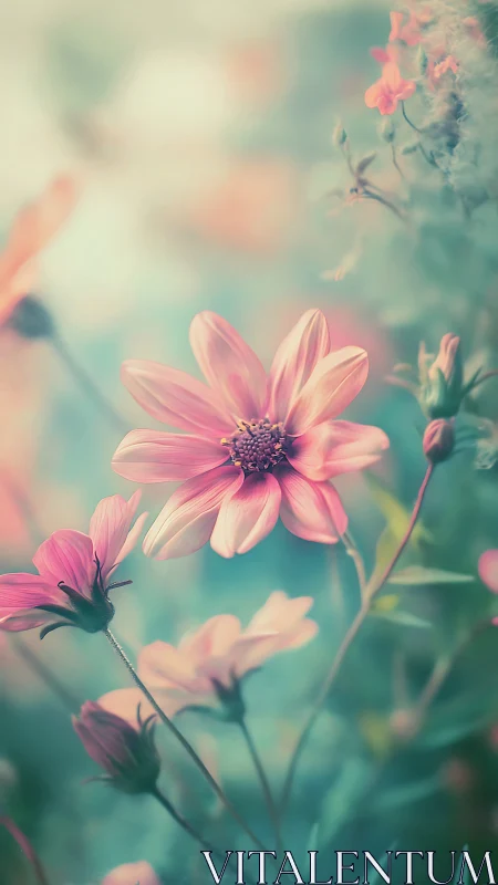Pink Cosmos Flowers with Shallow Depth of Field Bokeh Effect