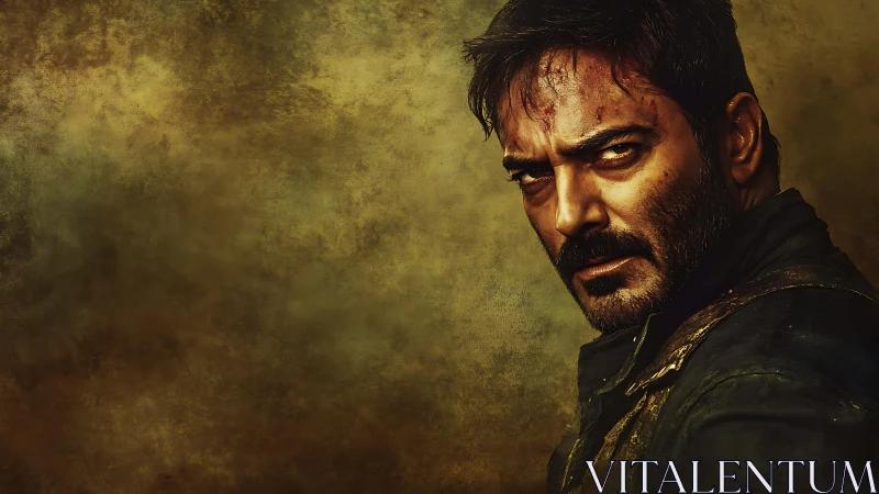 Intense bearded man in dramatic golden textured light.