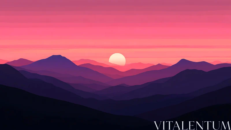 Stratified mountain silhouettes under a radial gradient sunset sky