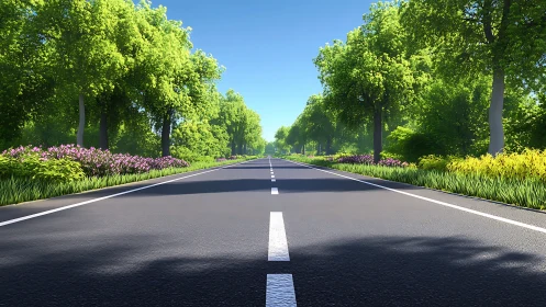Tree-lined highway under clear blue sky at summer midday.