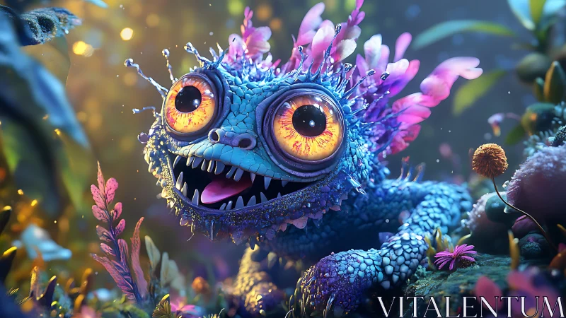 Bioluminescent chibi lizard creature with macro floral coral crest