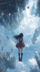 Skyward girl amid inverted cyber metropolis and drifting clouds.