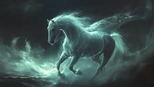 Ghostly spirit horse gallops boldly through swirling mist