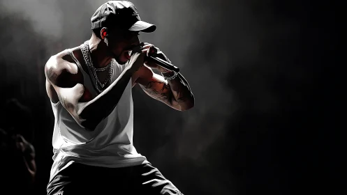 Digital painting of dynamic rapper on dark concert stage.
